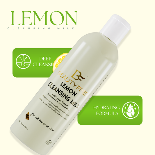 Beautyfit Lemon Cleansing Milk bottle with green labels on a white background