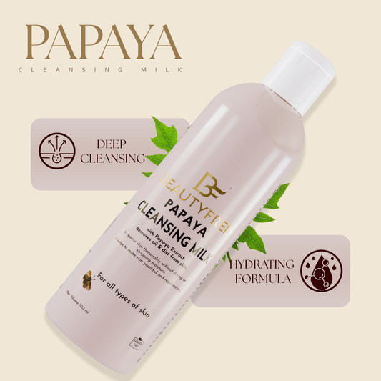 Papaya cleansing milk bottle with labels on a beige background