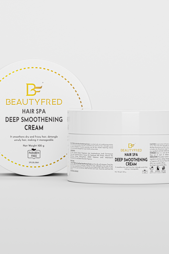 A container of HAIR SPA DEEP SMOOTHENING CREAM by Beauty Fred, with both the top and side views showing the product packaging.