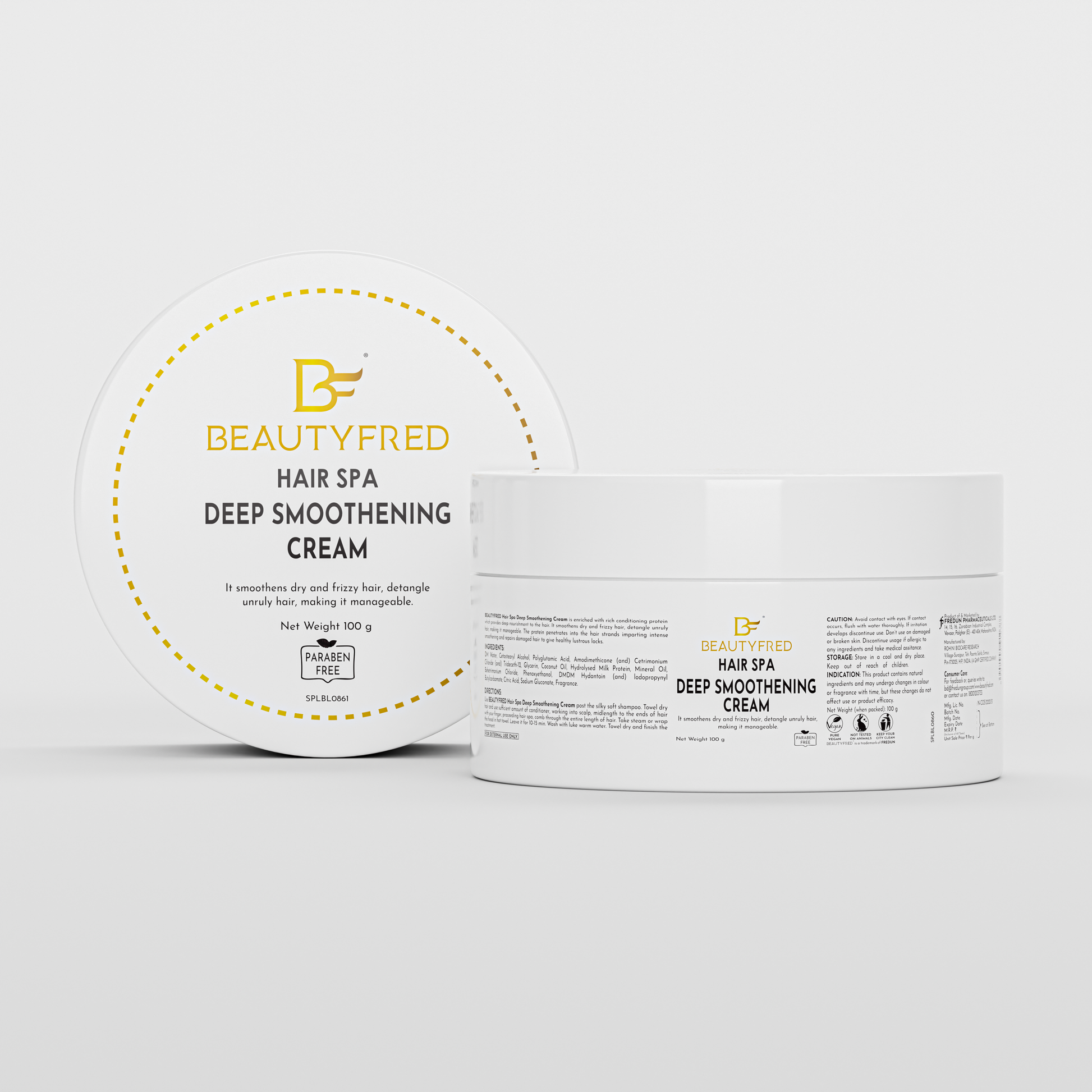 A container of HAIR SPA DEEP SMOOTHENING CREAM by Beauty Fred, with both the top and side views showing the product packaging.