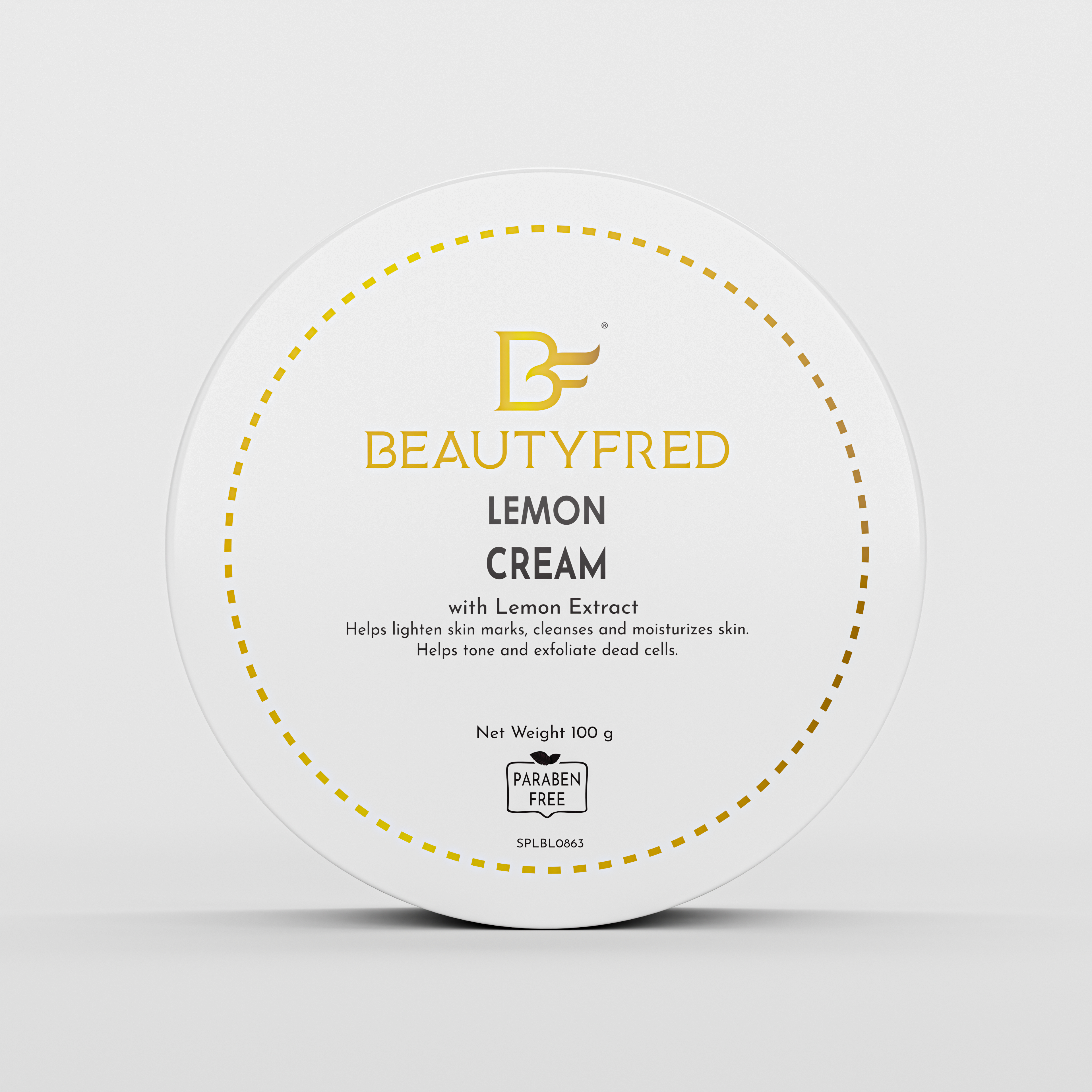 A jar of 'Beauty Fred Lemon Cream' with lemon extract, marketed for skin care with a net weight of 100g.