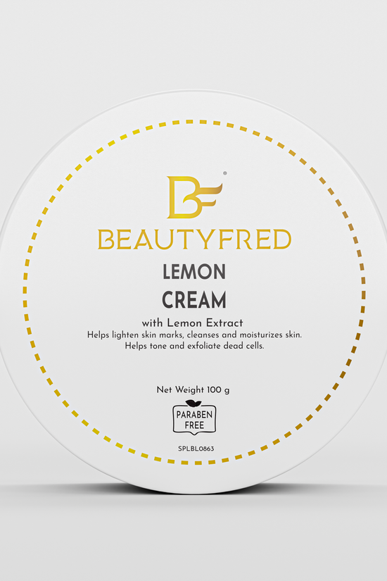 A jar of 'Beauty Fred Lemon Cream' with lemon extract, marketed for skin care with a net weight of 100g.