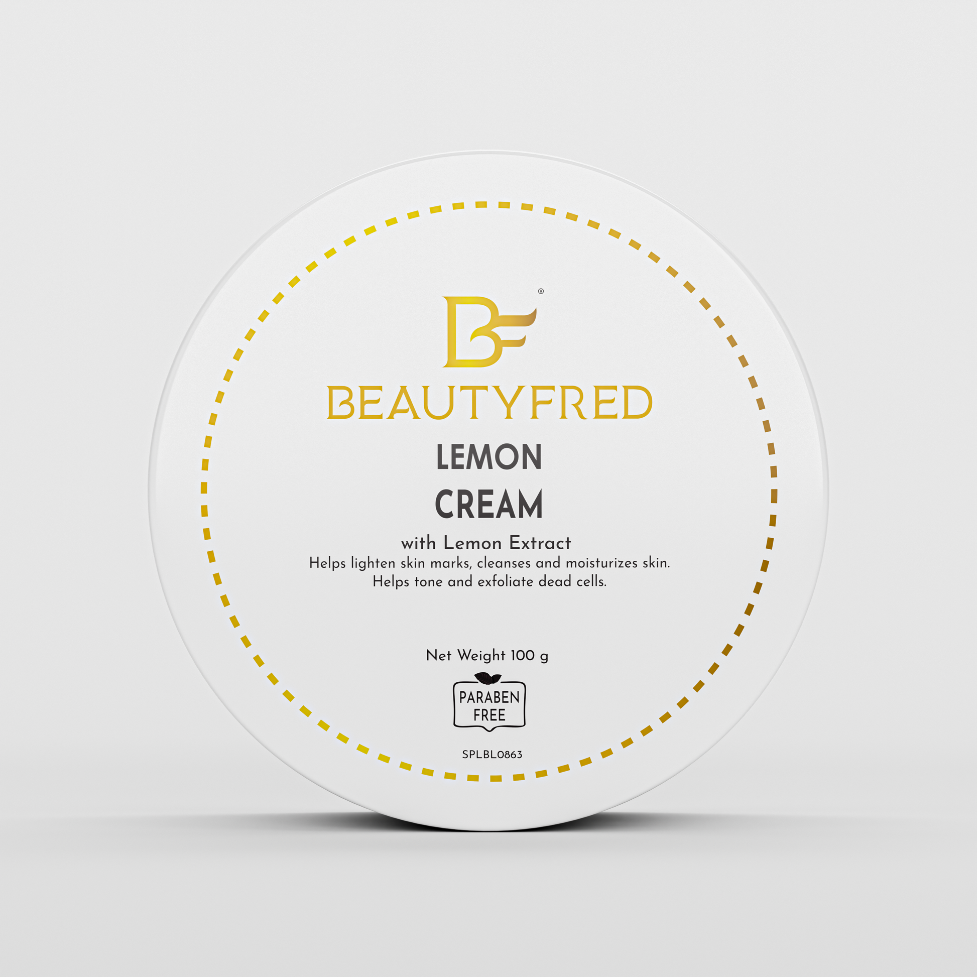 A jar of 'Beauty Fred Lemon Cream' with lemon extract, marketed for skin care with a net weight of 100g.