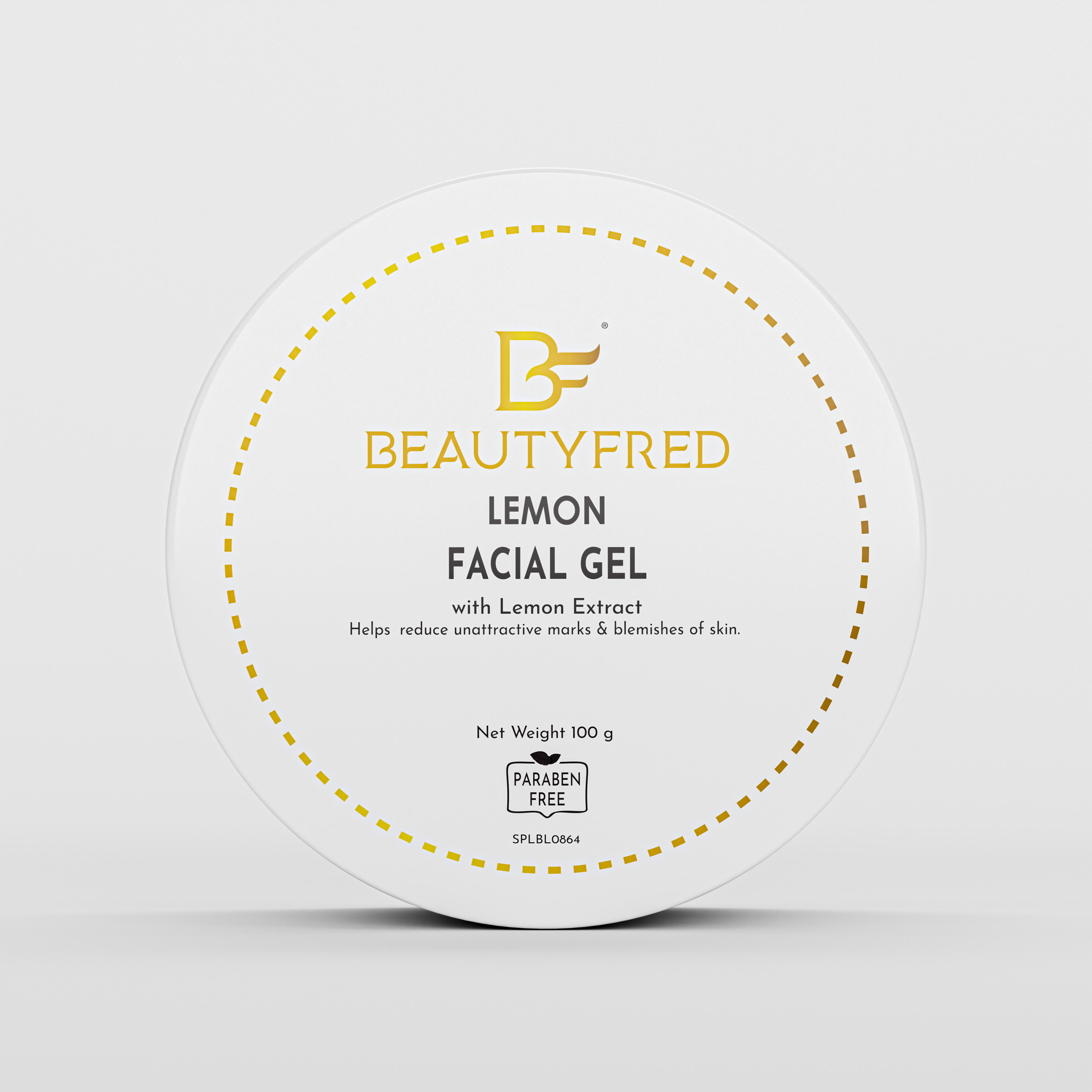 A jar of Beauty Fred Lemon Facial Gel with lemon extract, labeled for helping to reduce blemishes and hyperpigmentation.