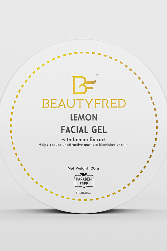 A jar of Beauty Fred Lemon Facial Gel with lemon extract, labeled for helping to reduce blemishes and hyperpigmentation.