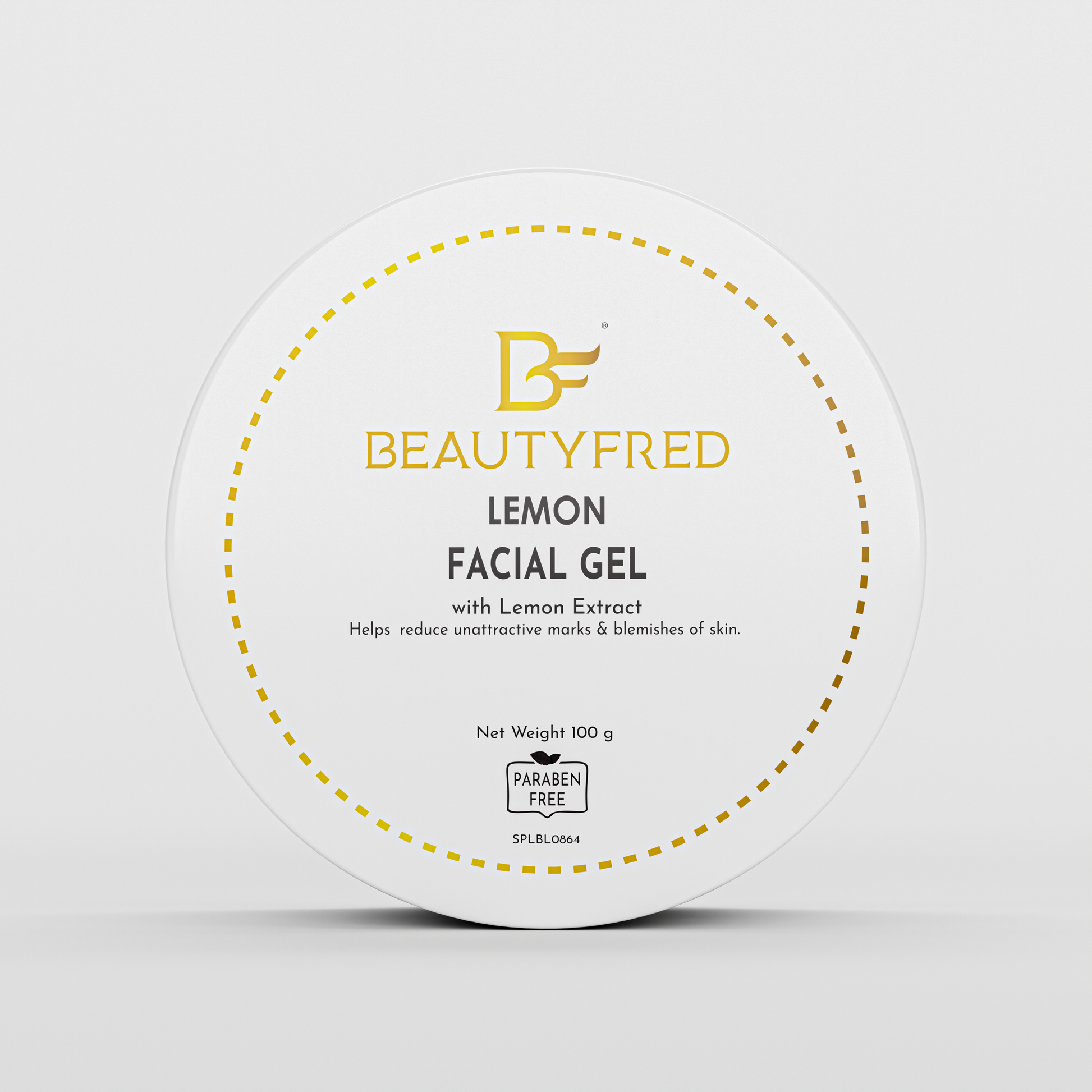 A jar of Beauty Fred Lemon Facial Gel with lemon extract, labeled for helping to reduce blemishes and hyperpigmentation.