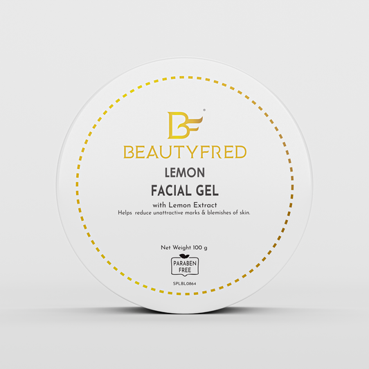 A jar of Beauty Fred Lemon Facial Gel with lemon extract, labeled for helping to reduce blemishes and hyperpigmentation.