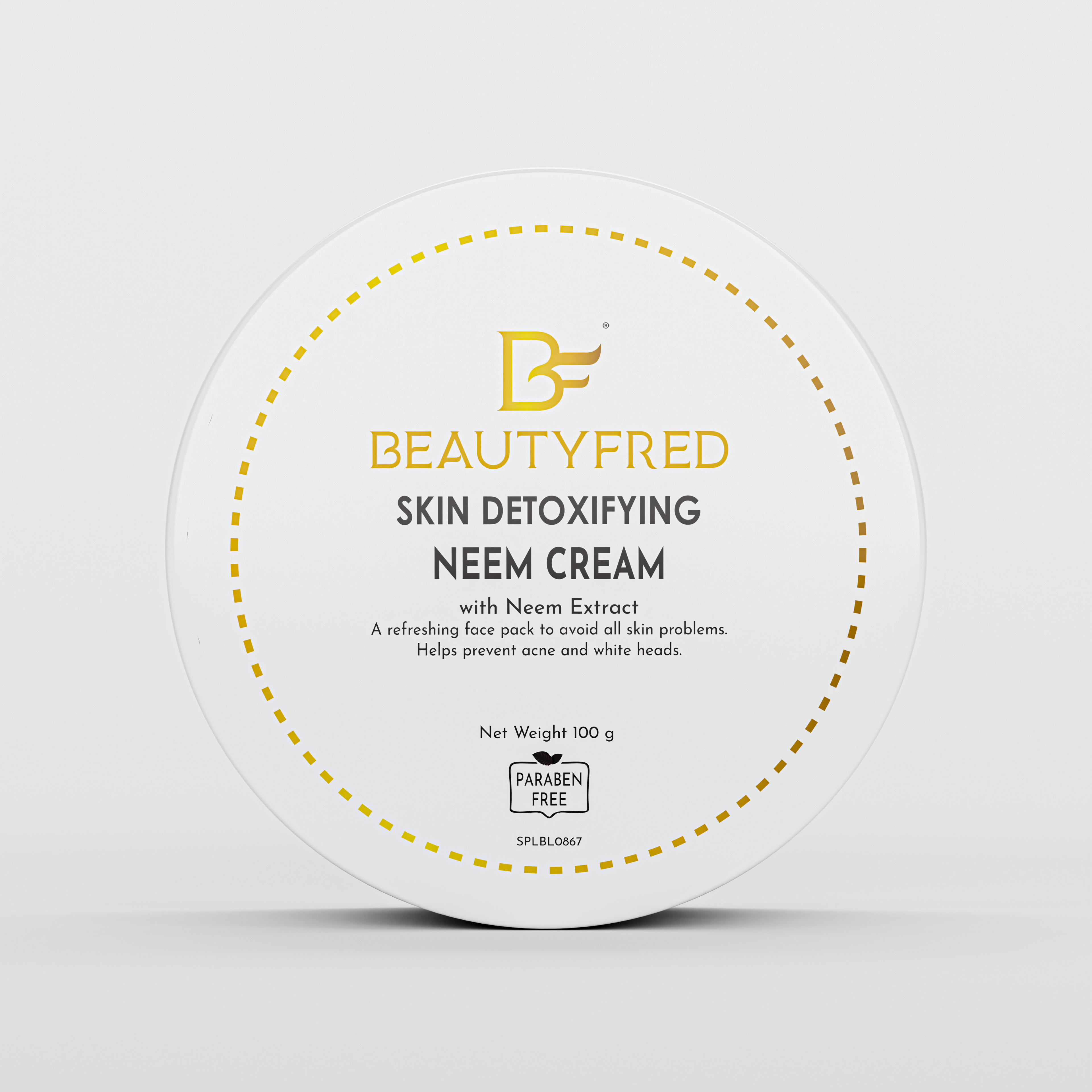 A jar of Beauty Fred skin detoxifying neem cream with key points highlighted on its label.