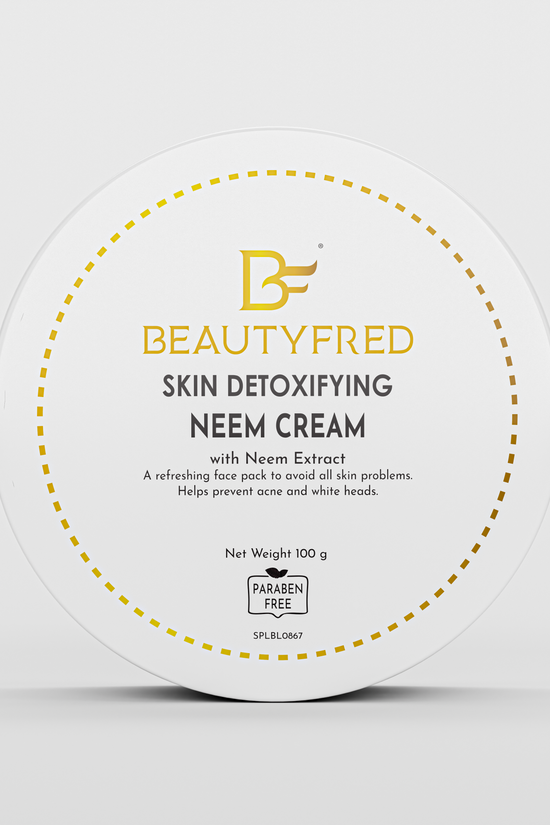 A jar of Beauty Fred skin detoxifying neem cream with key points highlighted on its label.