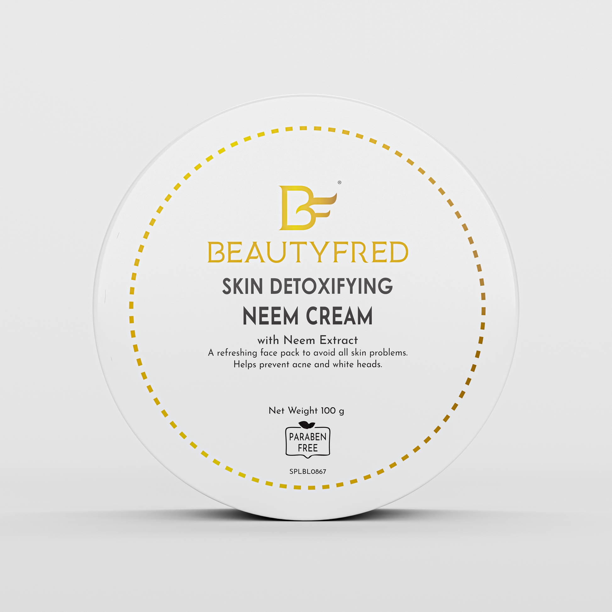 A jar of Beauty Fred skin detoxifying neem cream with key points highlighted on its label.