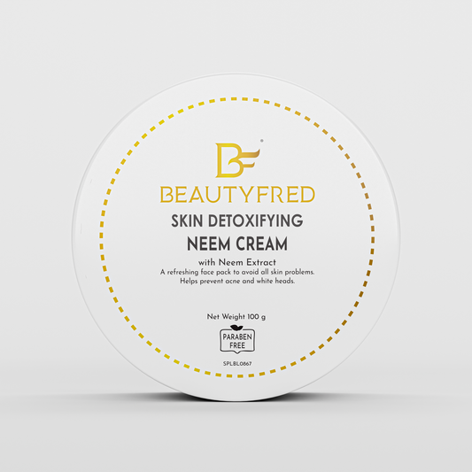 A jar of Beauty Fred skin detoxifying neem cream with key points highlighted on its label.
