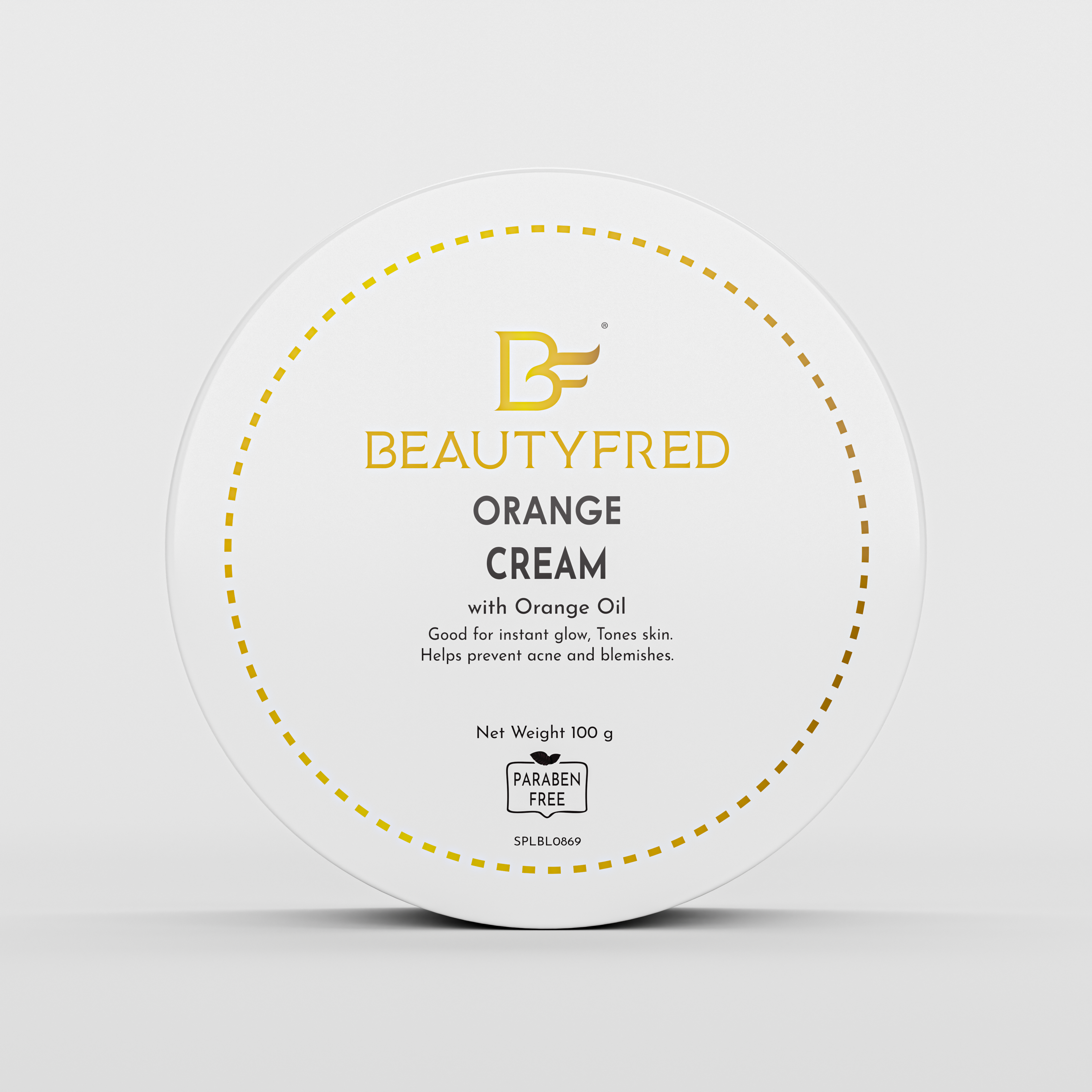 A jar of 'Beauty Fred Orange Cream' with orange oil, designed for skin care, highlighting its natural ingredients and benefits.