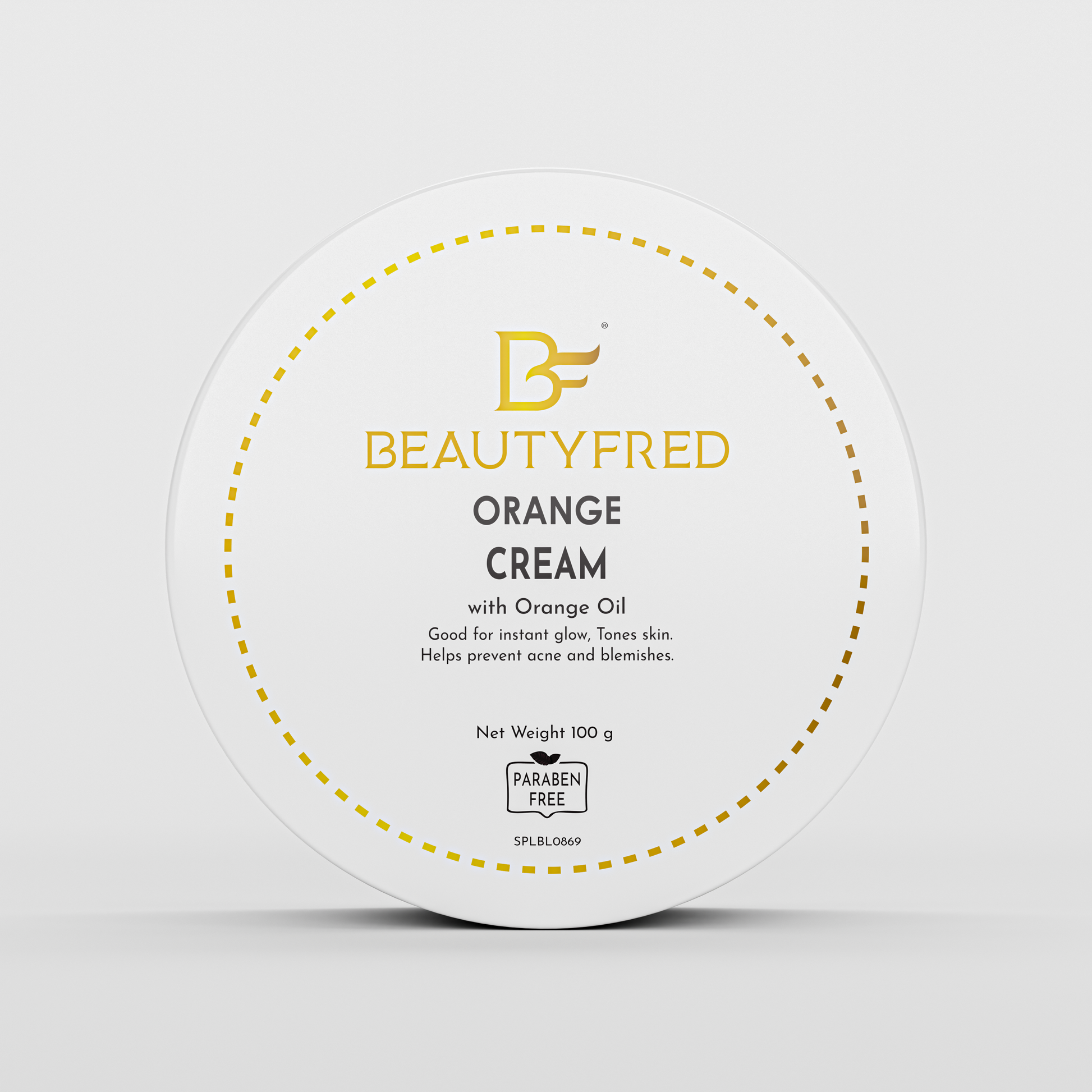 A jar of 'Beauty Fred Orange Cream' with orange oil, designed for skin care, highlighting its natural ingredients and benefits.