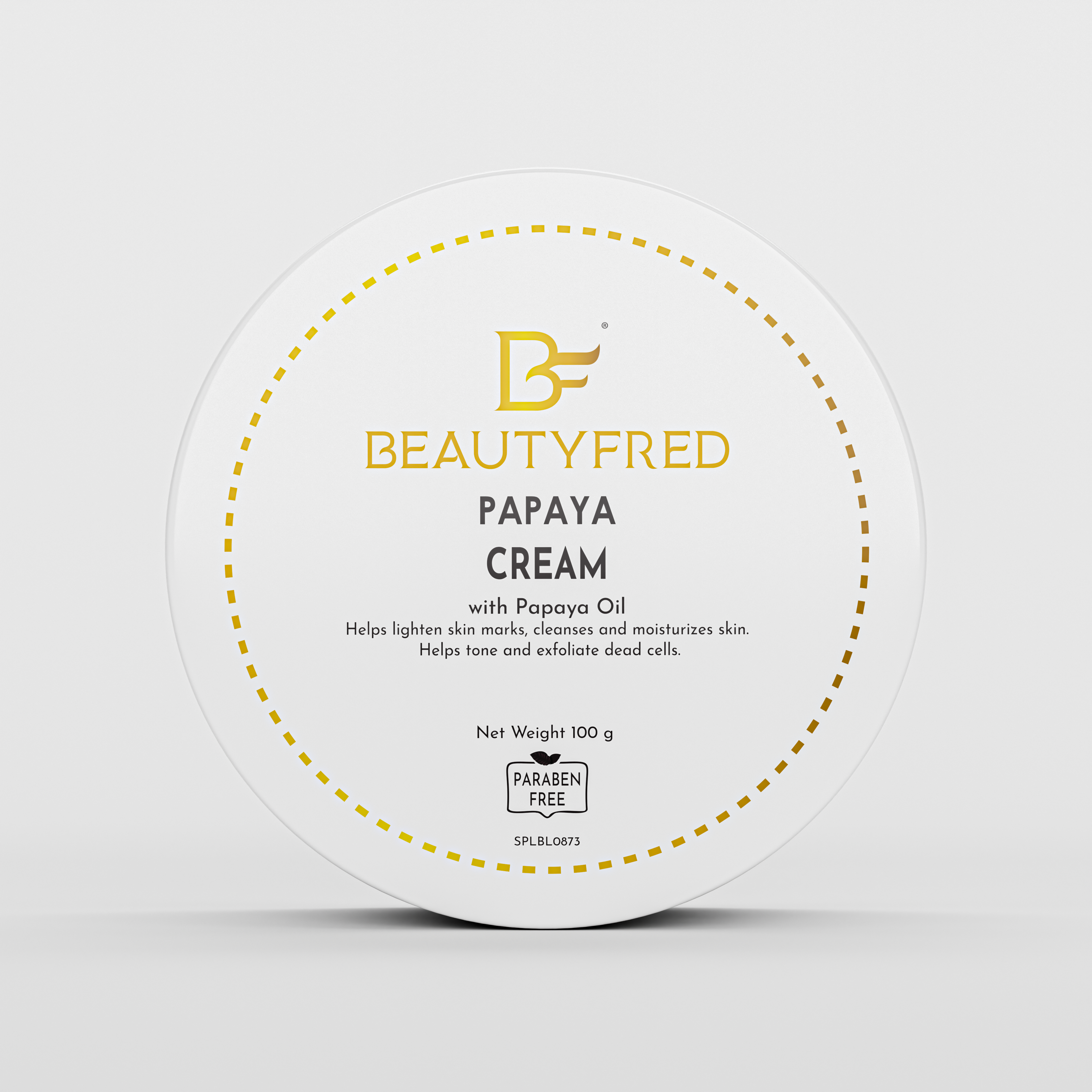 A jar of BeautyFred Papaya Cream with the label detailing the product name and its benefits, such as helping to tone and exfoliate dead cells.