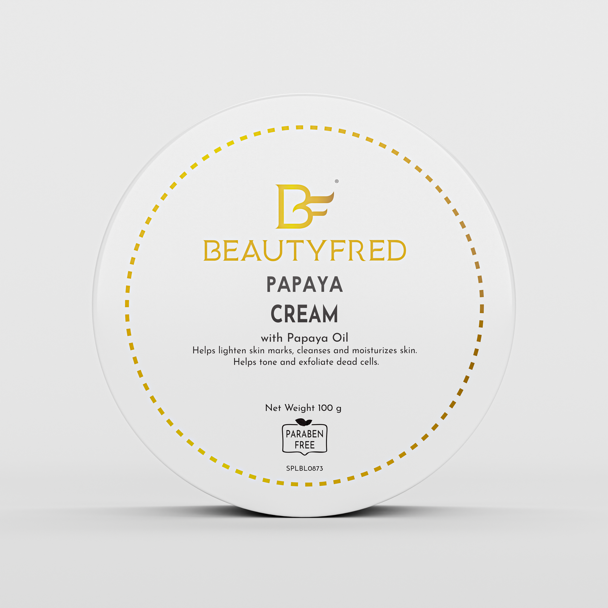 A jar of BeautyFred Papaya Cream with the label detailing the product name and its benefits, such as helping to tone and exfoliate dead cells.