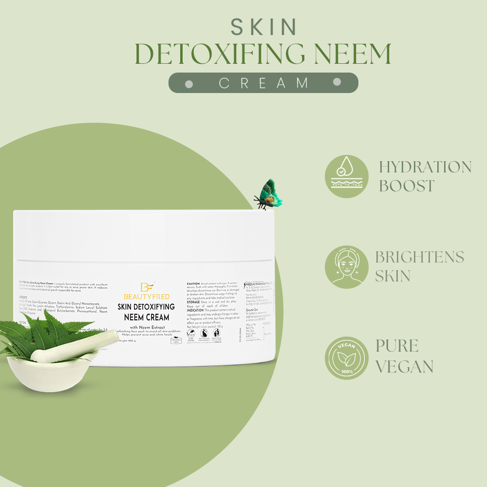 A jar of Beauty Fred skin detoxifying neem cream with key points highlighted on its label.
