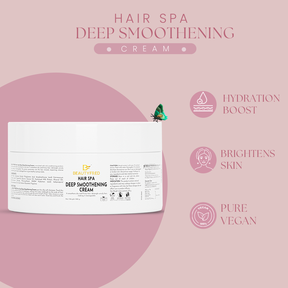 Hair spa deep smoothing cream packaging with product name and benefits on a pink background