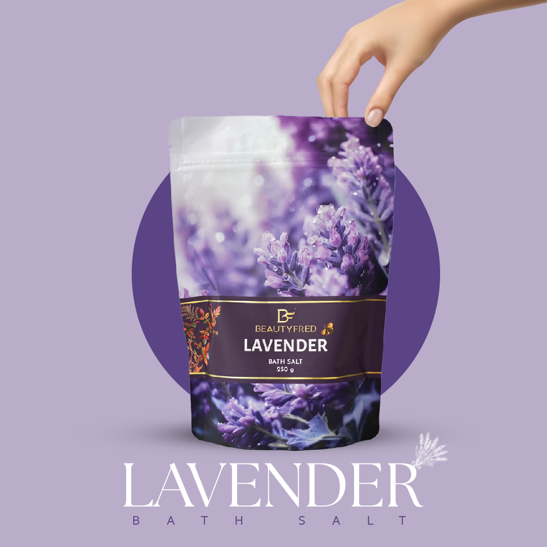 Lavender bath salt packaging with a hand holding it against a purple background