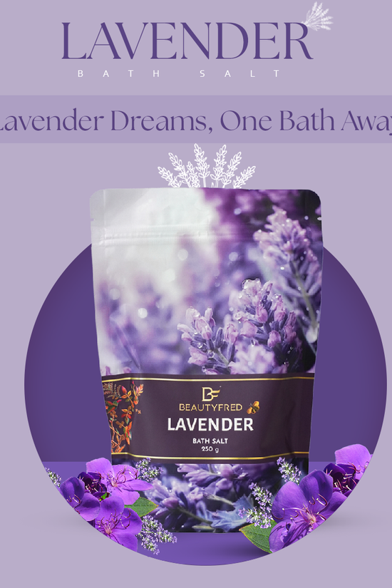 Lavender bath salt packaging with lavender flowers on a purple background