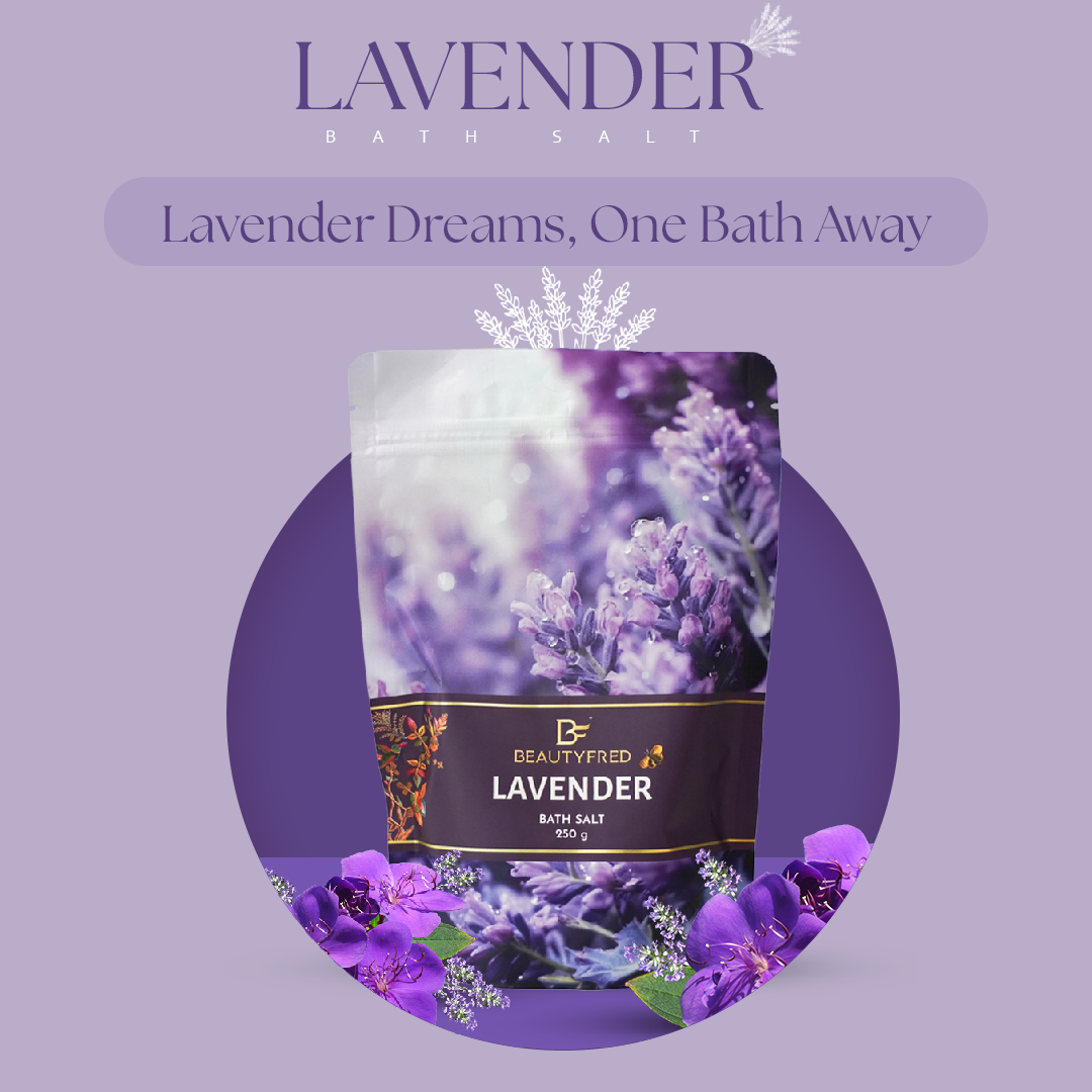 Lavender bath salt packaging with lavender flowers on a purple background