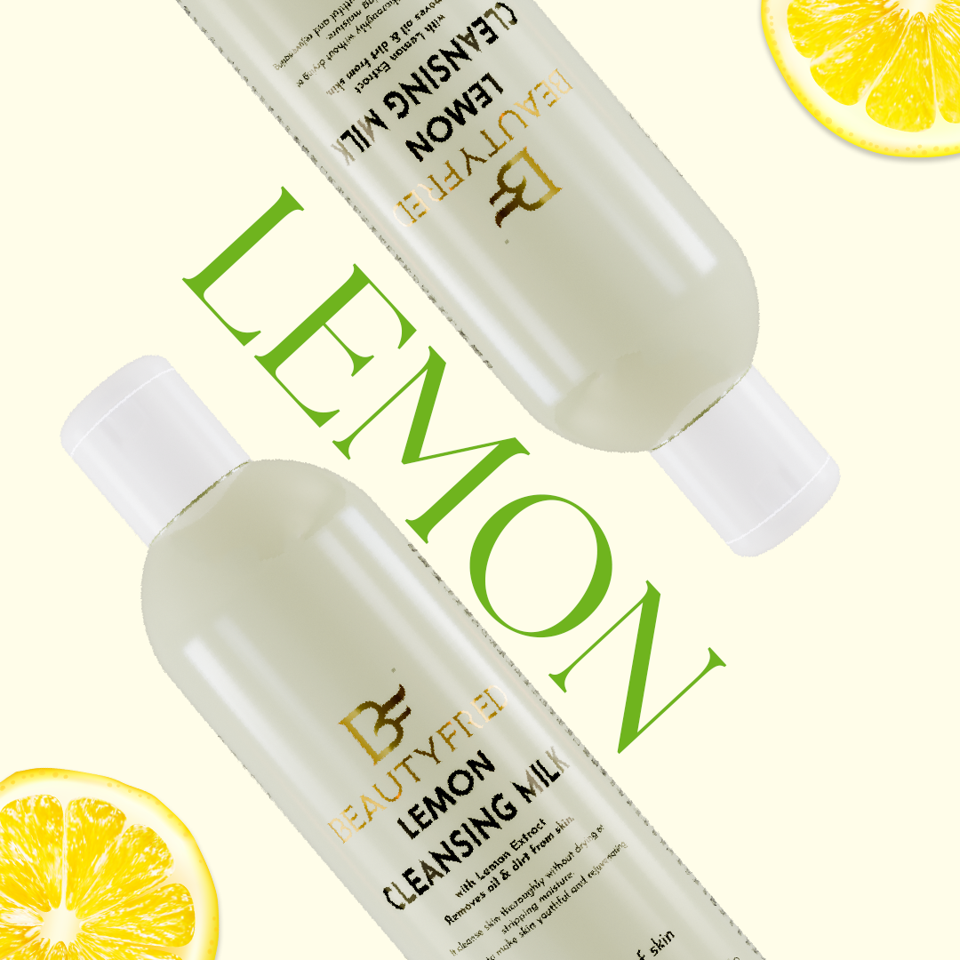 Two bottles of Lemon Cleansing Milk with lemon slices on a light background