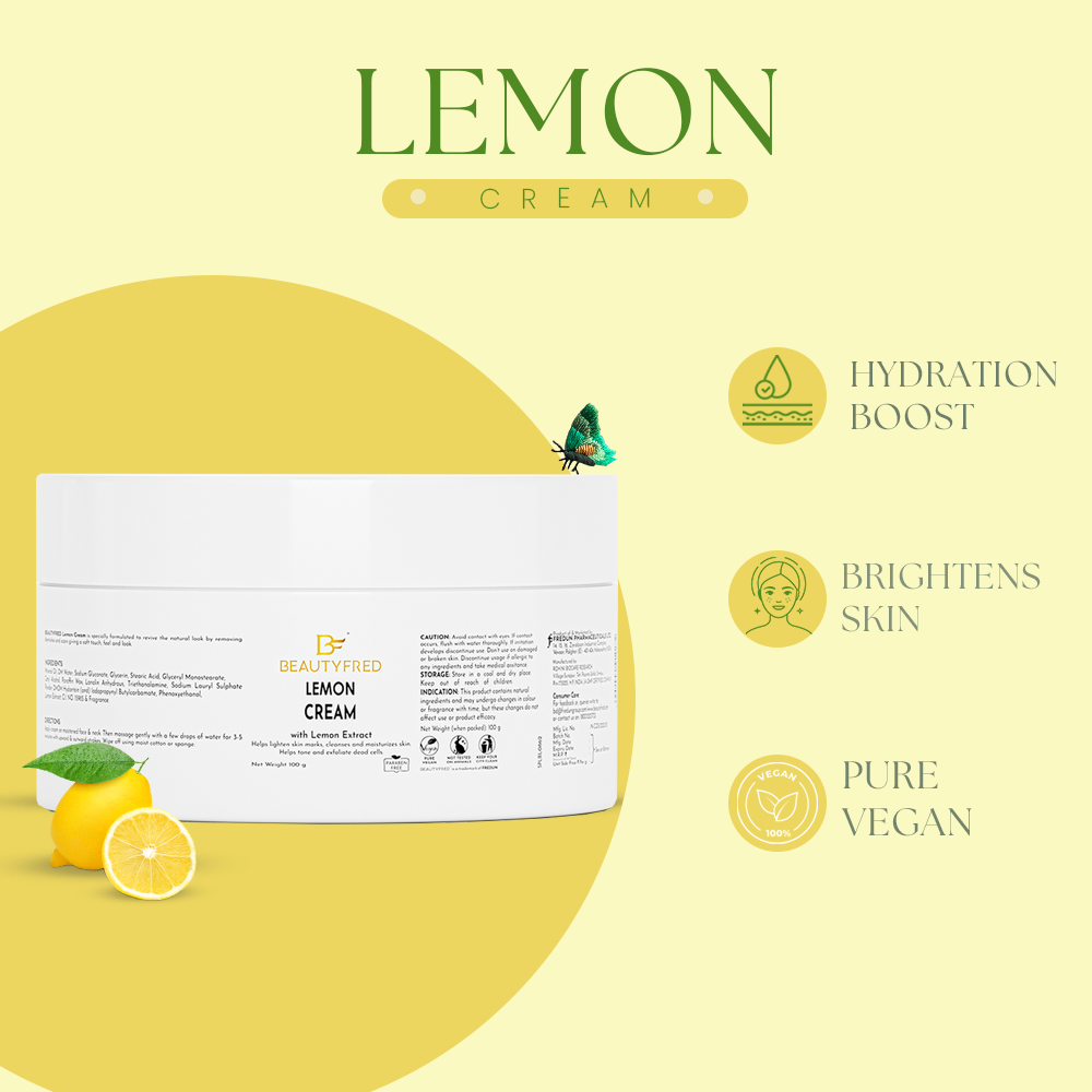 A jar of 'Beauty Fred Lemon Cream' with lemon extract, marketed for skin care with a net weight of 100g.