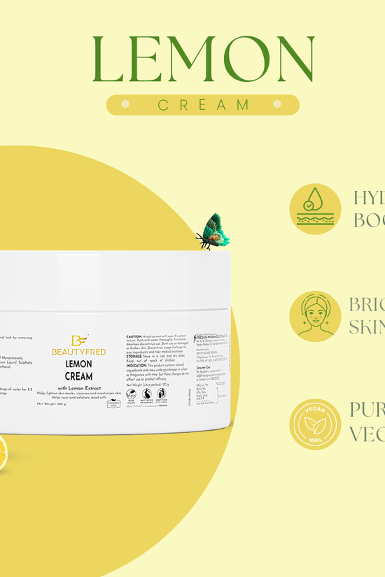 Lemon cream packaging with lemon slices and product benefits on a yellow background