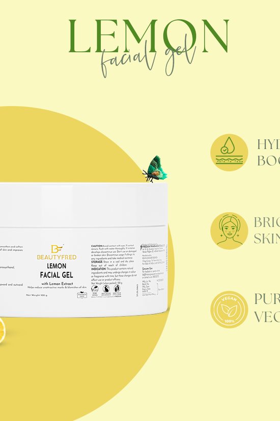 Lemon facial gel packaging with lemon slices and product benefits on a yellow background