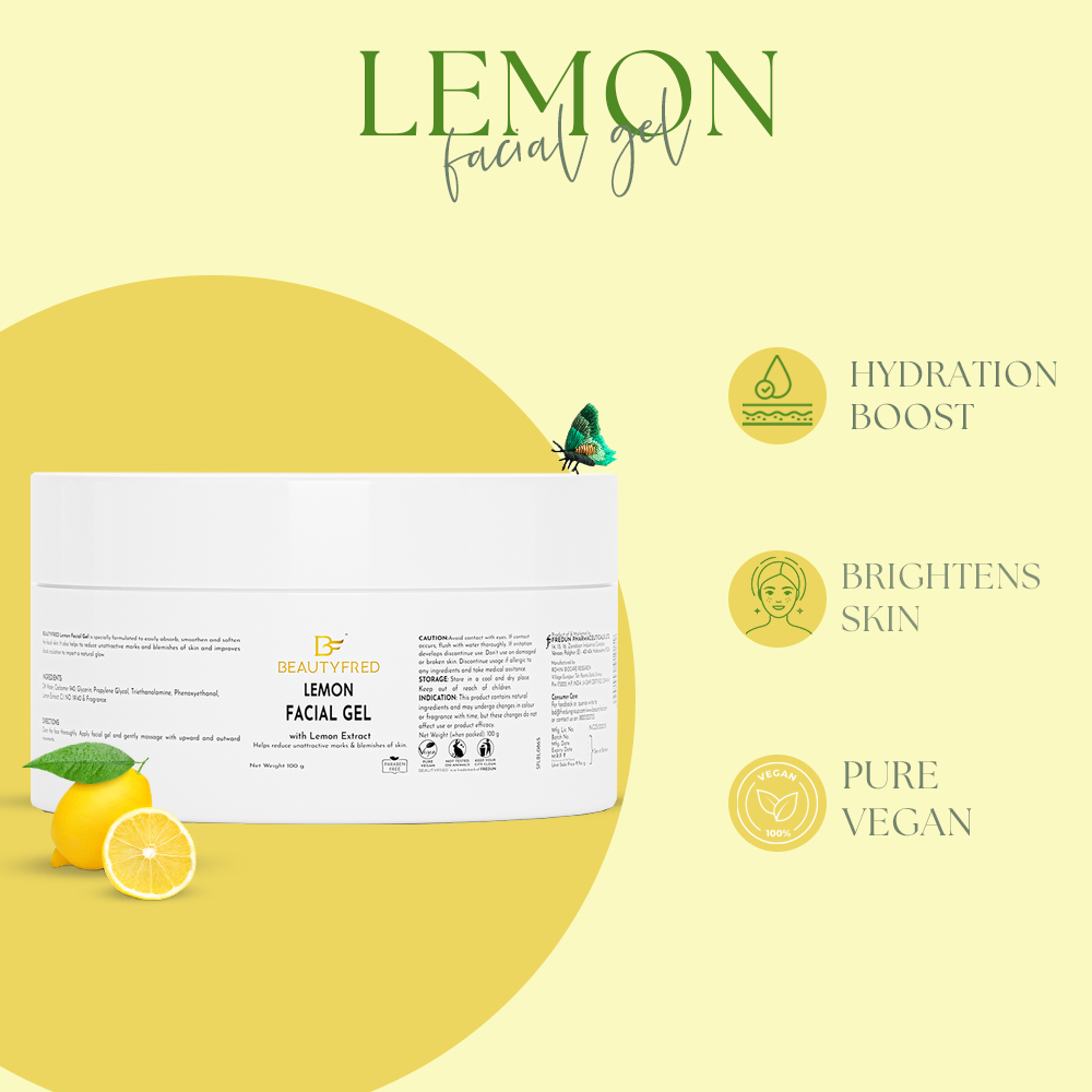 Lemon facial gel packaging with lemon slices and product benefits on a yellow background