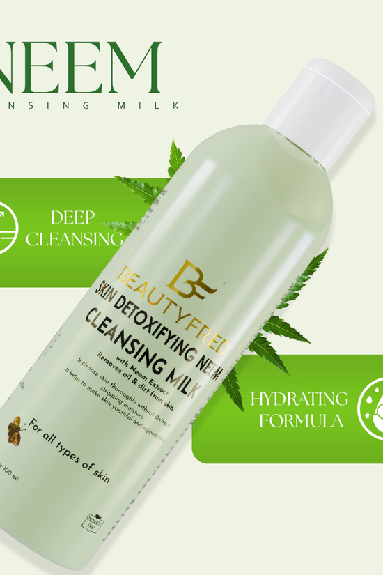 Bottle of NEEM cleansing milk with green leaf graphics on a light green background