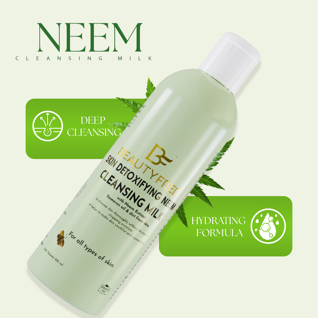 Bottle of NEEM cleansing milk with green leaf graphics on a light green background