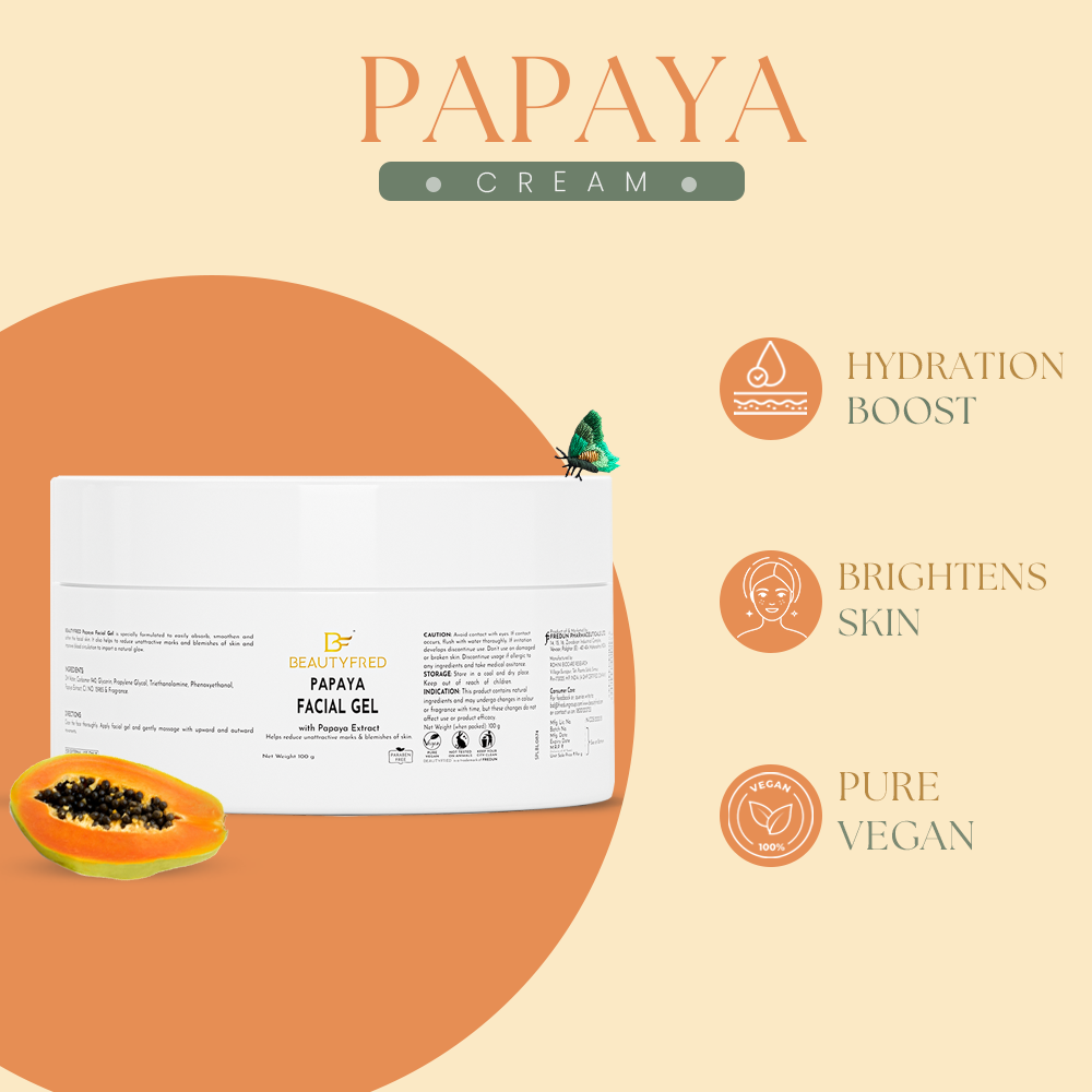 A jar of BeautyFred Papaya Cream with the label detailing the product name and its benefits, such as helping to tone and exfoliate dead cells.